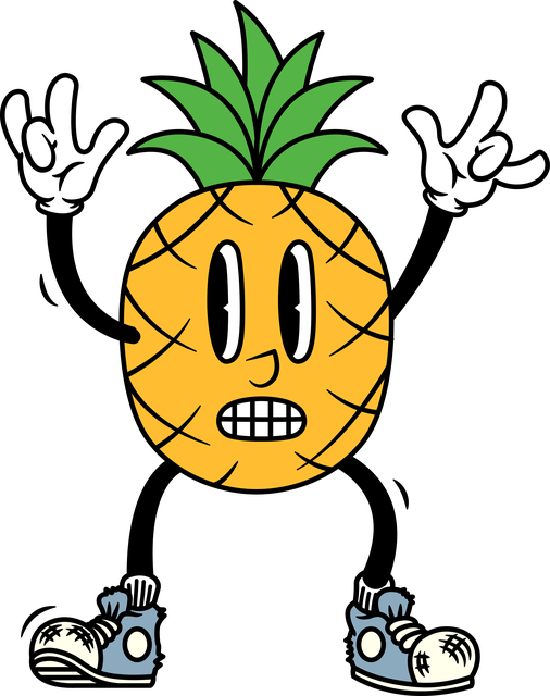 The pineapple mascot with both arms up, mid-cheer