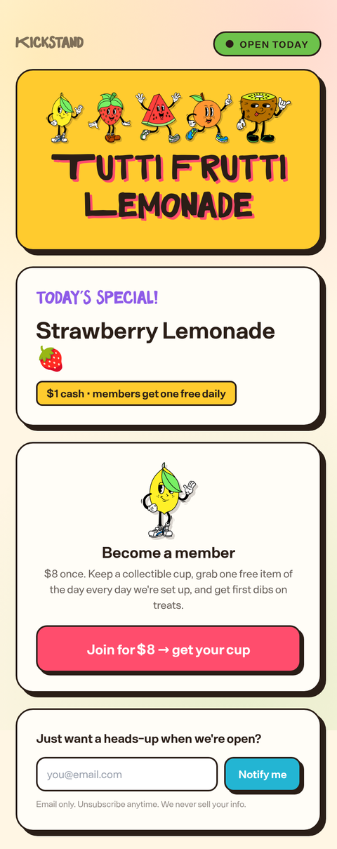 The Tutti Frutti Lemonade stand page, marked open today, showing the day's special and a join button